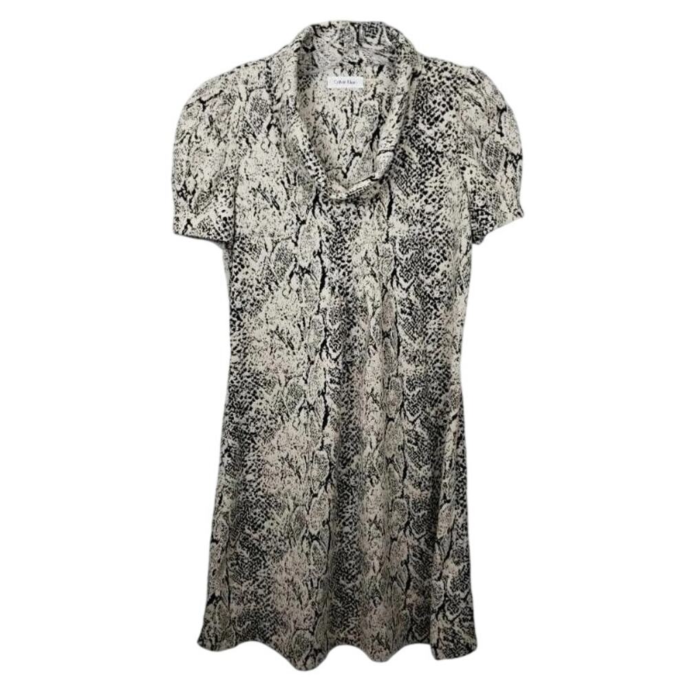 Calvin Klein Snake Print Shift Dress – Puff Sleeve Stretch – Tan/Black – Size 8P